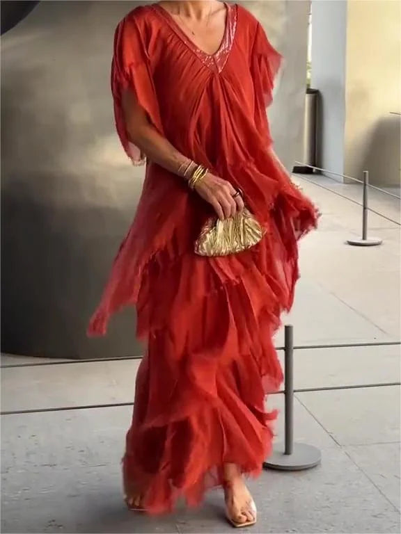 Blaise - Robe Maxi à Manches Courtes Volantes et Décolleté en V