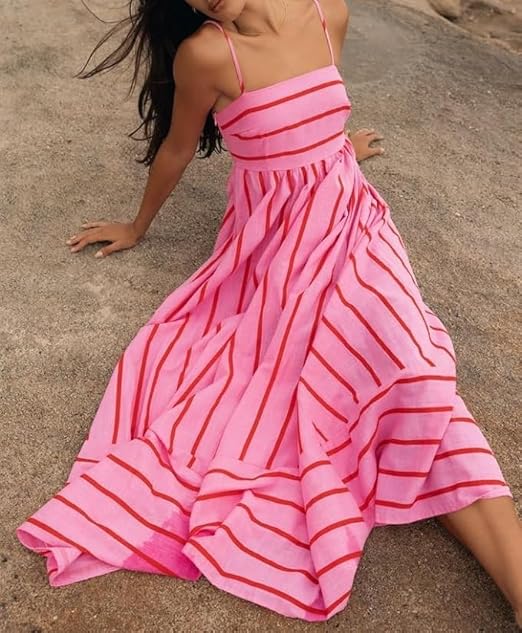Elsie - Robe Maxi à Rayures avec Décolleté Dégagé pour Femmes