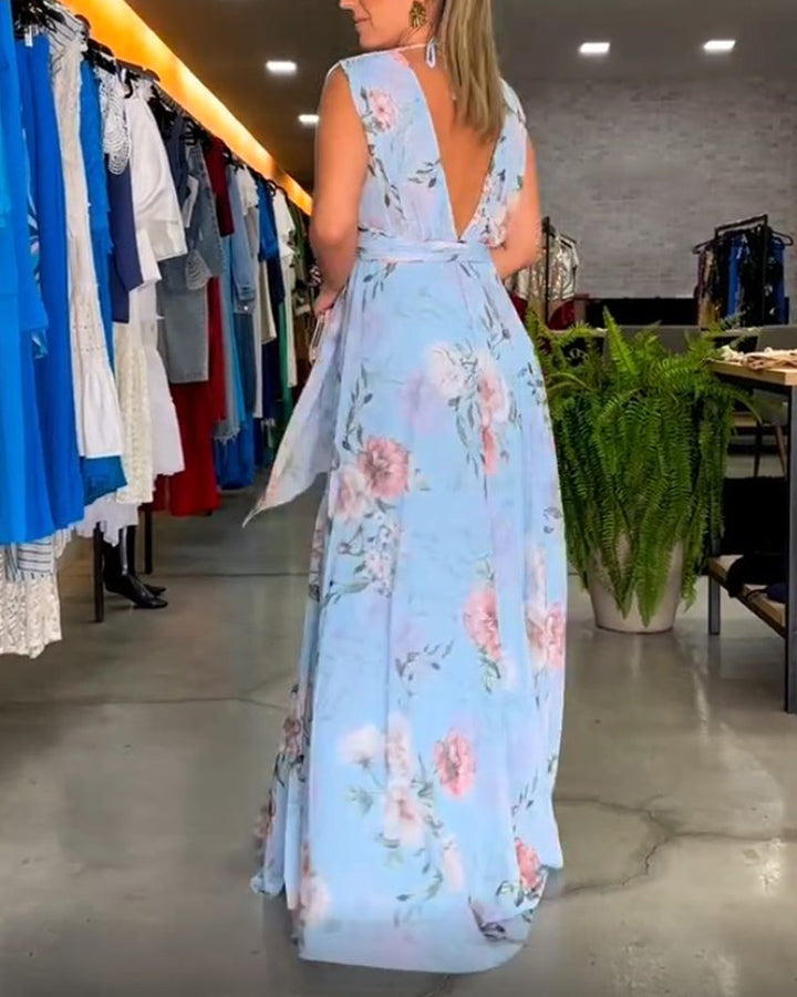 Gia - Robe longue sans manches à fleurs avec fente